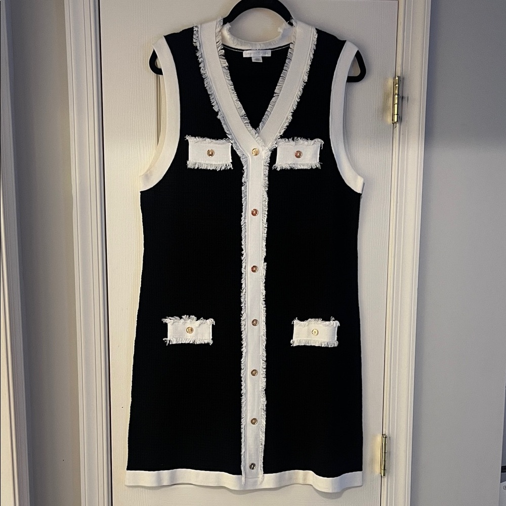 London Times Black and White Textured Dress
